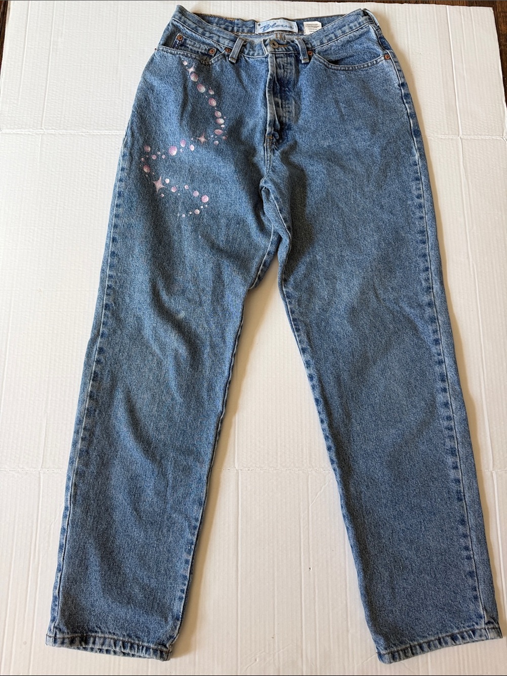 Vintage Express Bleus High Waist Hand Painted Sparkle Jeans - Size 9/10